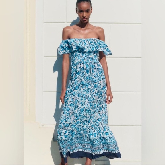 ZARA FLORAL PRINT OFF THE SHOULDER DRESS - Picture 9 of 12